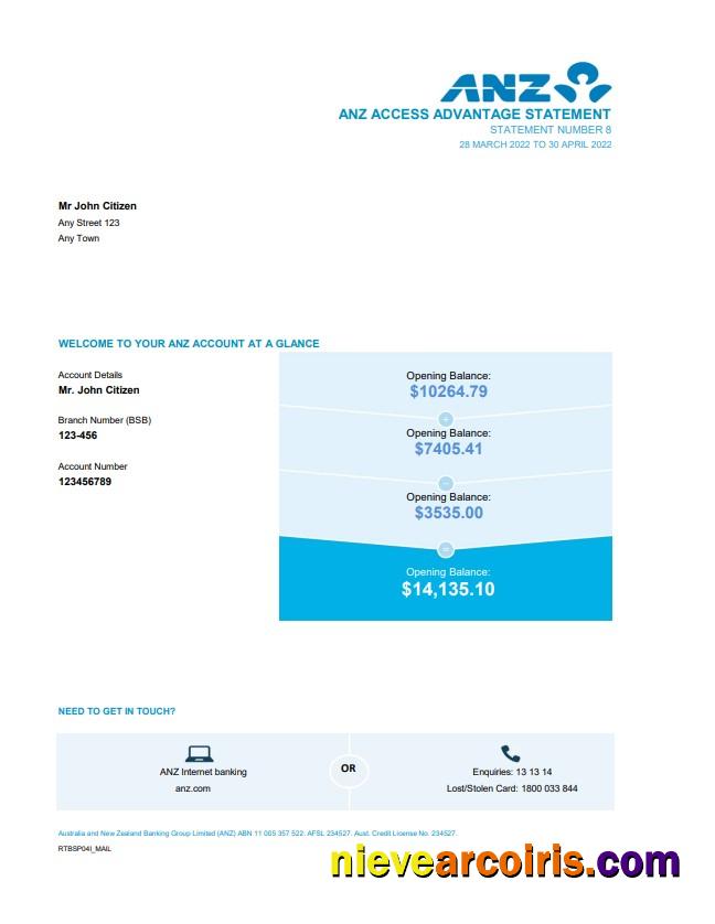 Australia ANZ bank statement easy to fill in Excel and PDF format, 2 pages